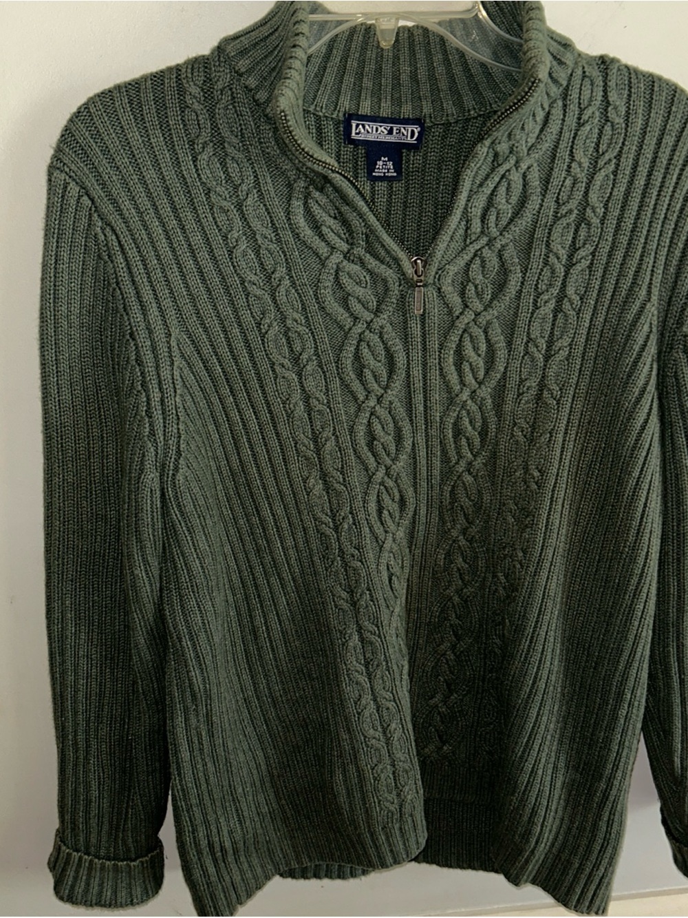 Lands' End Olive Cable-Knit Zip Cardigan